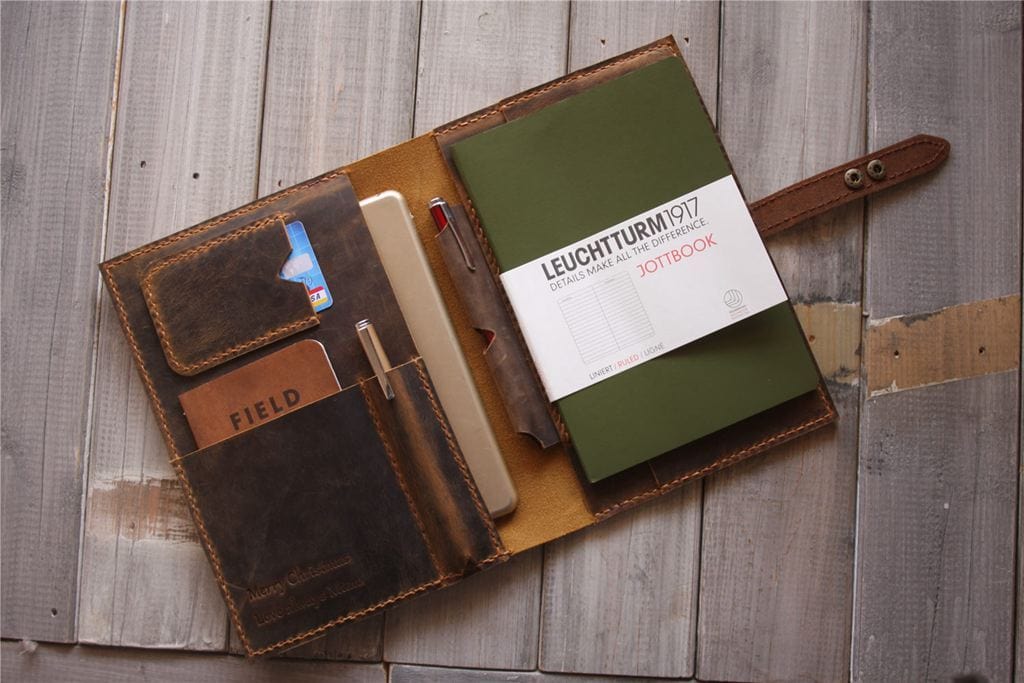 Personalized Brown Leather Notebook Cover Holder
