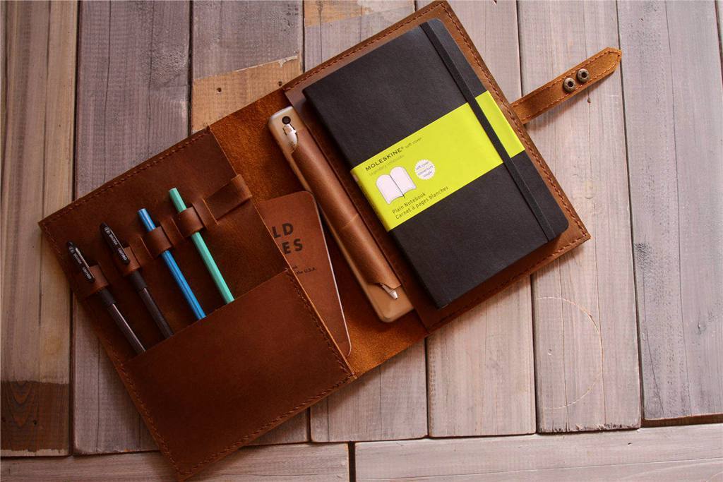 Personalized Yellow Brown Moleskine Leather Cover Notebook Holder