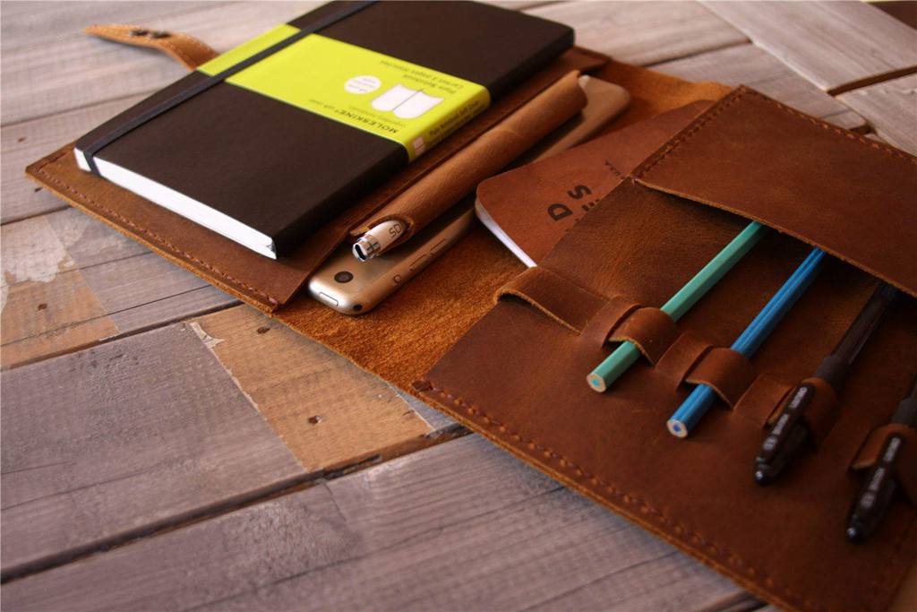 Personalized Yellow Brown Moleskine Leather Cover Notebook Holder