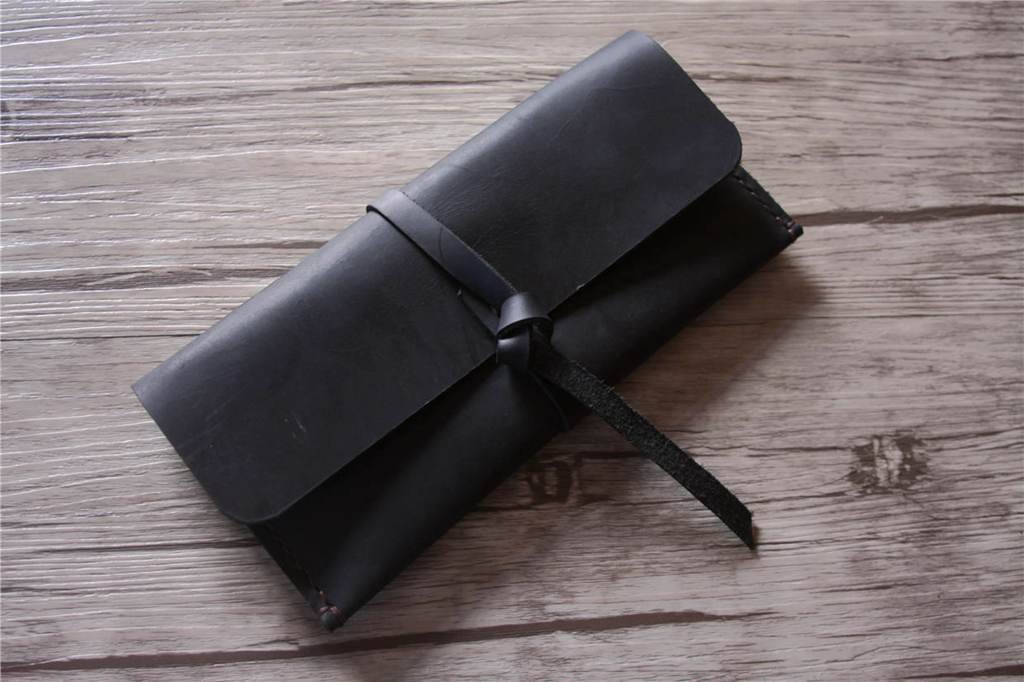 Black Leather Pencil Case Holder Tool Roll