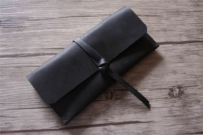 Black Leather Pencil Case Holder Tool Roll
