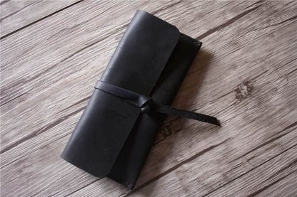 Black Leather Pencil Case Holder Tool Roll