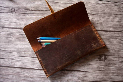 Personalized Brown Leather Pencil Pouch Bag Pen Holder