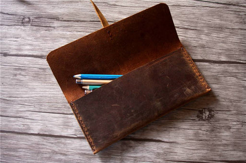 Personalized Brown Leather Pencil Pouch Bag Pen Holder