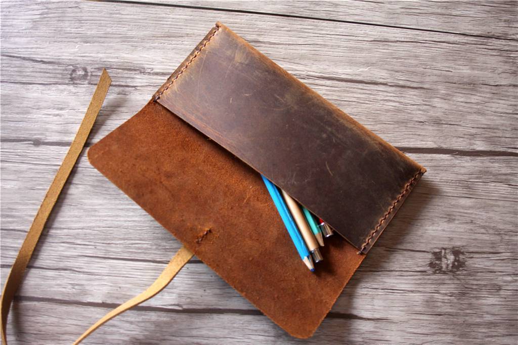 Personalized Brown Leather Pencil Pouch Bag Pen Holder