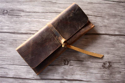Personalized Brown Leather Pencil Pouch Bag Pen Holder