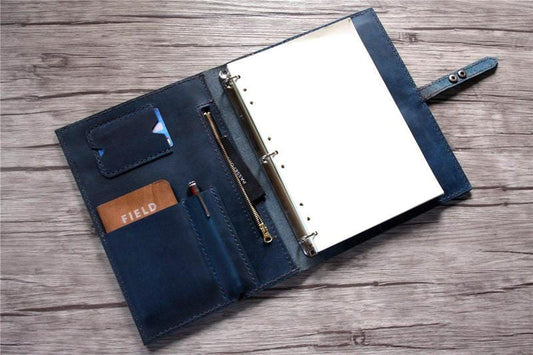 Personalized Leather Portfolio with Zipper Distressed Blue