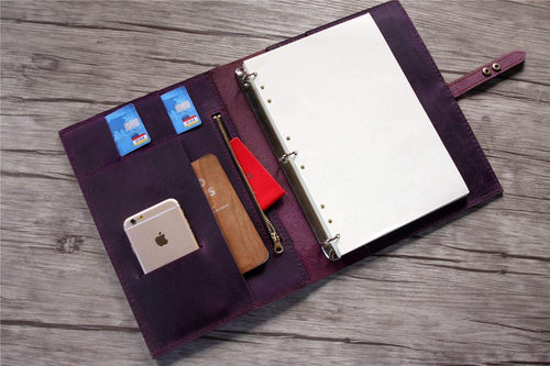 Rustic Purple Leather Zipper Binder Folder
