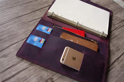 Rustic Purple Leather Zipper Binder Folder