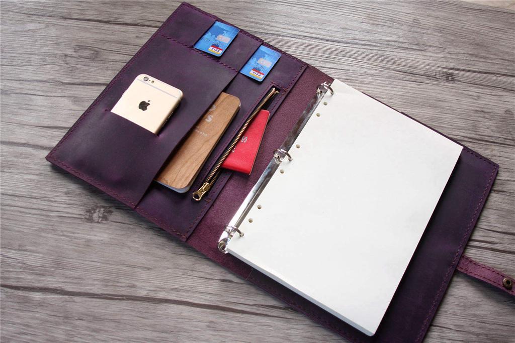 Rustic Purple Leather Zipper Binder Folder