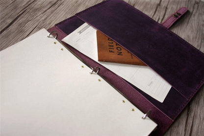 Rustic Purple Leather Zipper Binder Folder