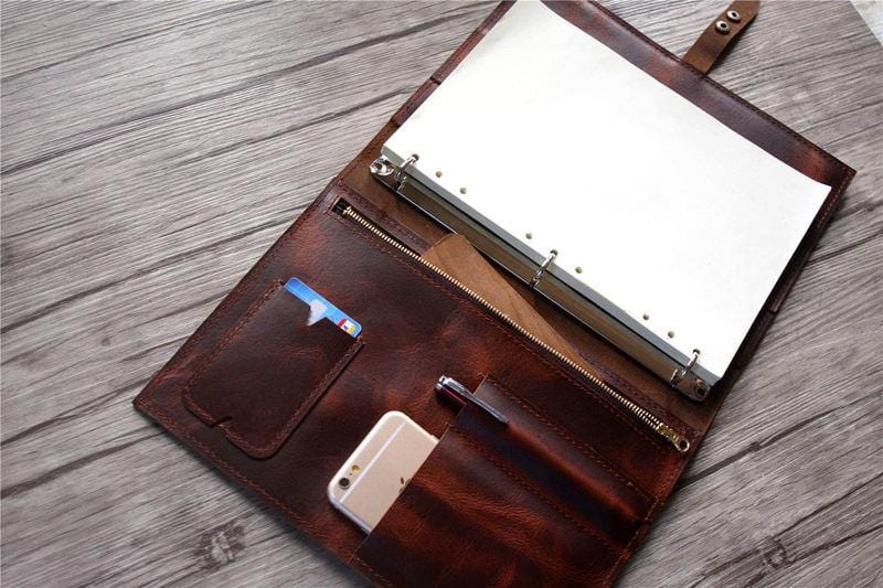 Engraved Luxury Coffee Leather Binders with Zipper Folder