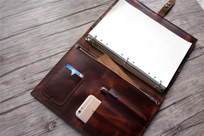 Engraved Luxury Coffee Leather Binders with Zipper Folder