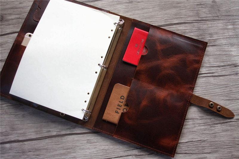 Engraved Luxury Coffee Leather Binders with Zipper Folder