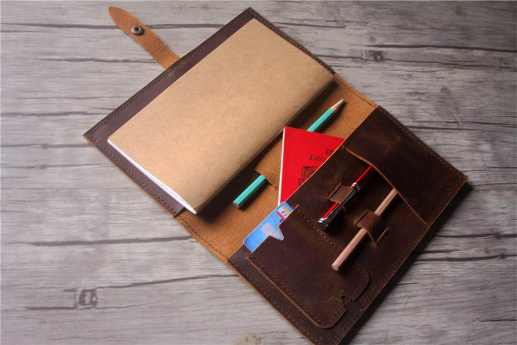 Customized Brown Leather Travelers Notebook Journal With Pen Holder