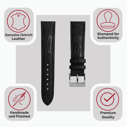 Durbuy Ostrich Leg Handmade Leather Watch Strap - Matt Black