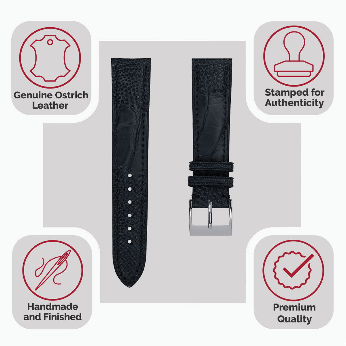 Bracelet pour montre en cuir fait main avec jambe d'autruche Durbuy - Bleu mat