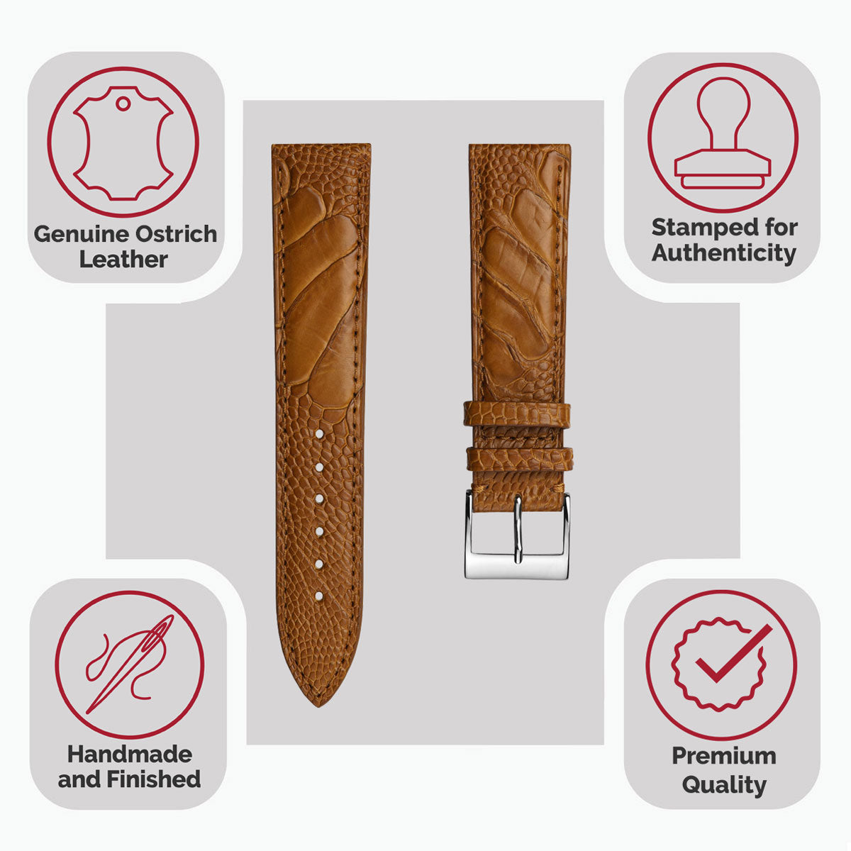 Durbuy Ostrich Leg Handmade Leather Watch Strap - Matt Cognac