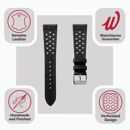WatchGecko Missouri élégant en cuir perforé noir - Bracelet de montre sophistiqué