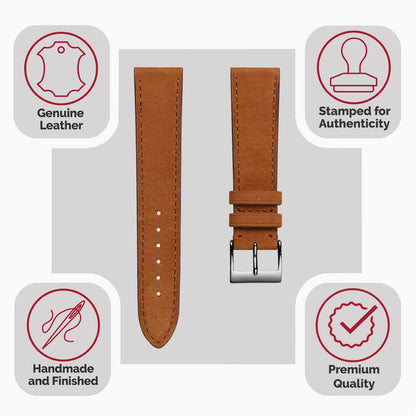 Mozet Flat Nubuck Handmade Leather Watch Strap - Cognac