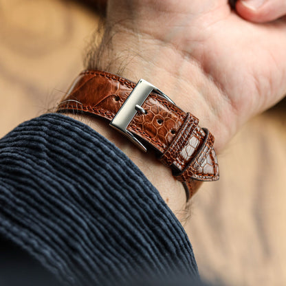 Bracelet pour montre en cuir fait main avec jambe d'autruche Durbuy - Cognac brillant élégance