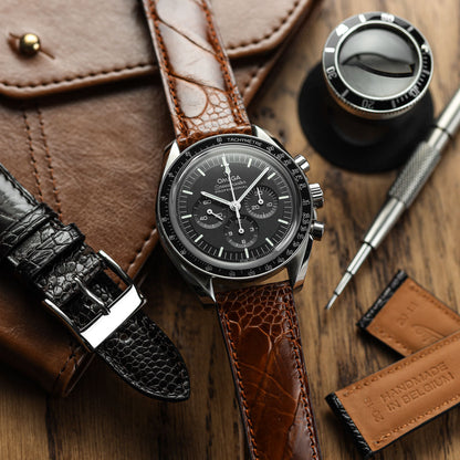 Durbuy Ostrich Leg Handmade Leather Watch Strap - Gloss Cognac Brown