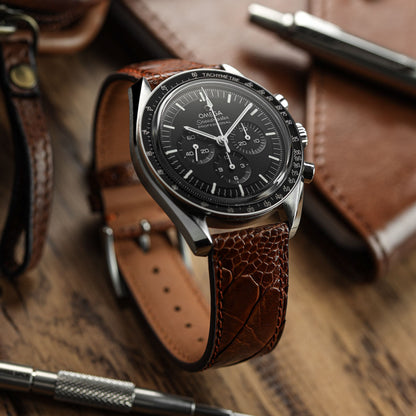 Bracelet pour montre en cuir fait main avec jambe d'autruche Durbuy - Cognac brillant élégance