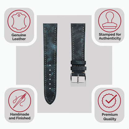 Bracelet pour montre en cuir de veau à patine plate Rochefort - Couleur jean bleu