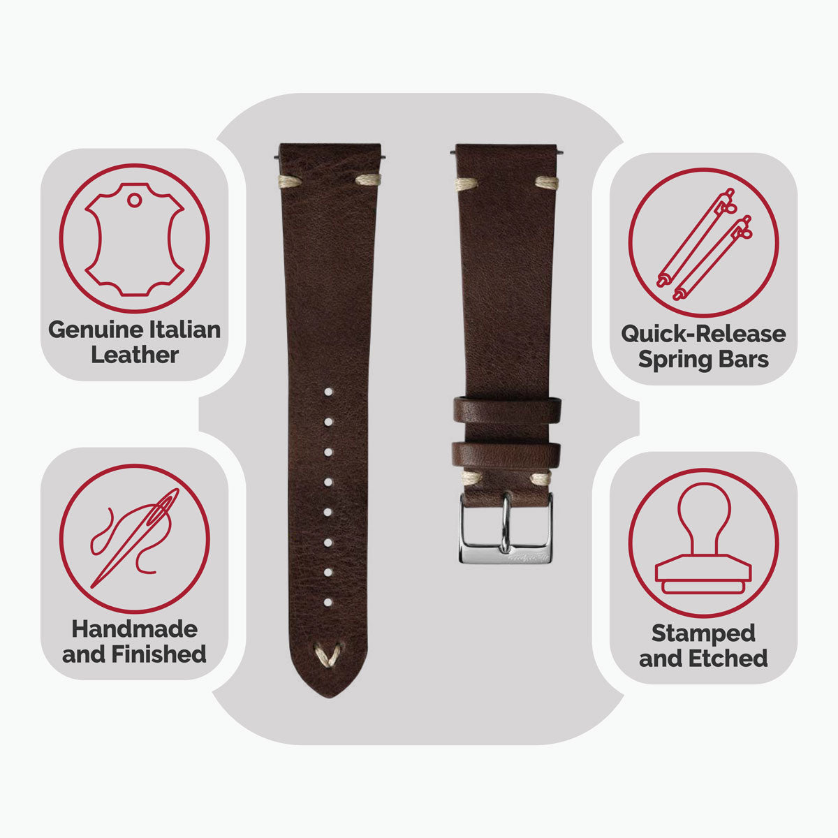 Classic Simple Handmade Italian Leather Watch Strap - Chocolate Brown