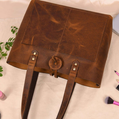 Tolredo - Cognac Leather Tote Bag with Leather Closure