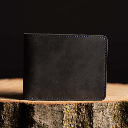 The Poseidon Wallet - Black Full-Grain Leather Wallet with Blue Stitching