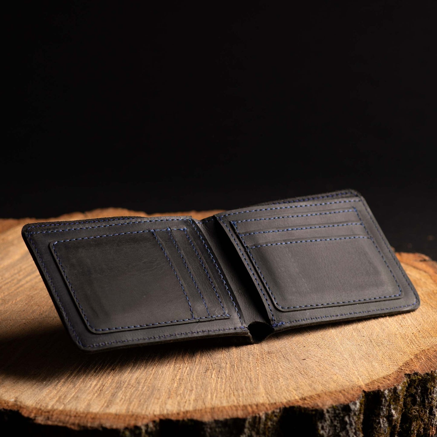 The Poseidon Wallet - Black Full-Grain Leather Wallet with Blue Stitching