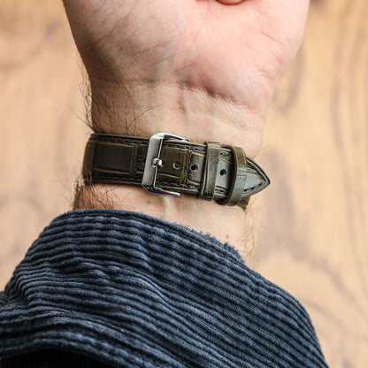 Bracelet de Montre en Cuir Artisanal Louvain Croc - Vert Olive Élégant