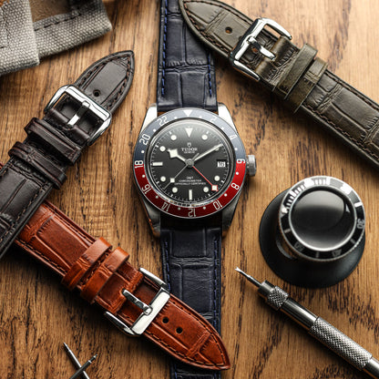 Bracelet de Montre en Cuir Artisanal Louvain Croc - Vert Olive Élégant