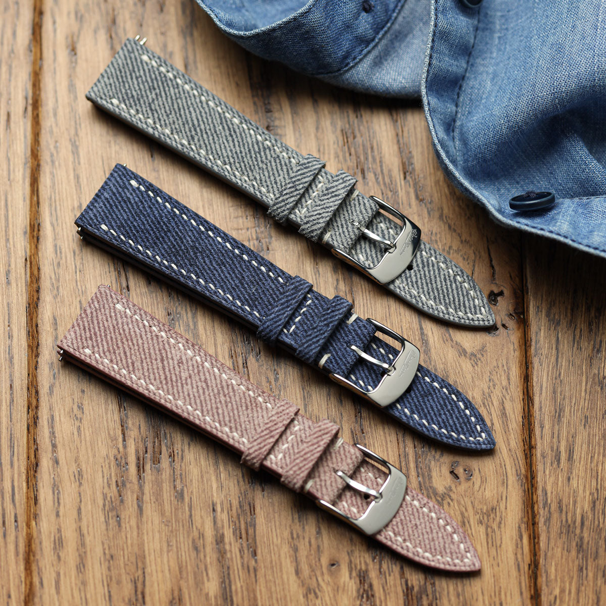 Arbour Hand-Stitched Denim & Genuine Leather Watch Strap – Elegant Grey Design
