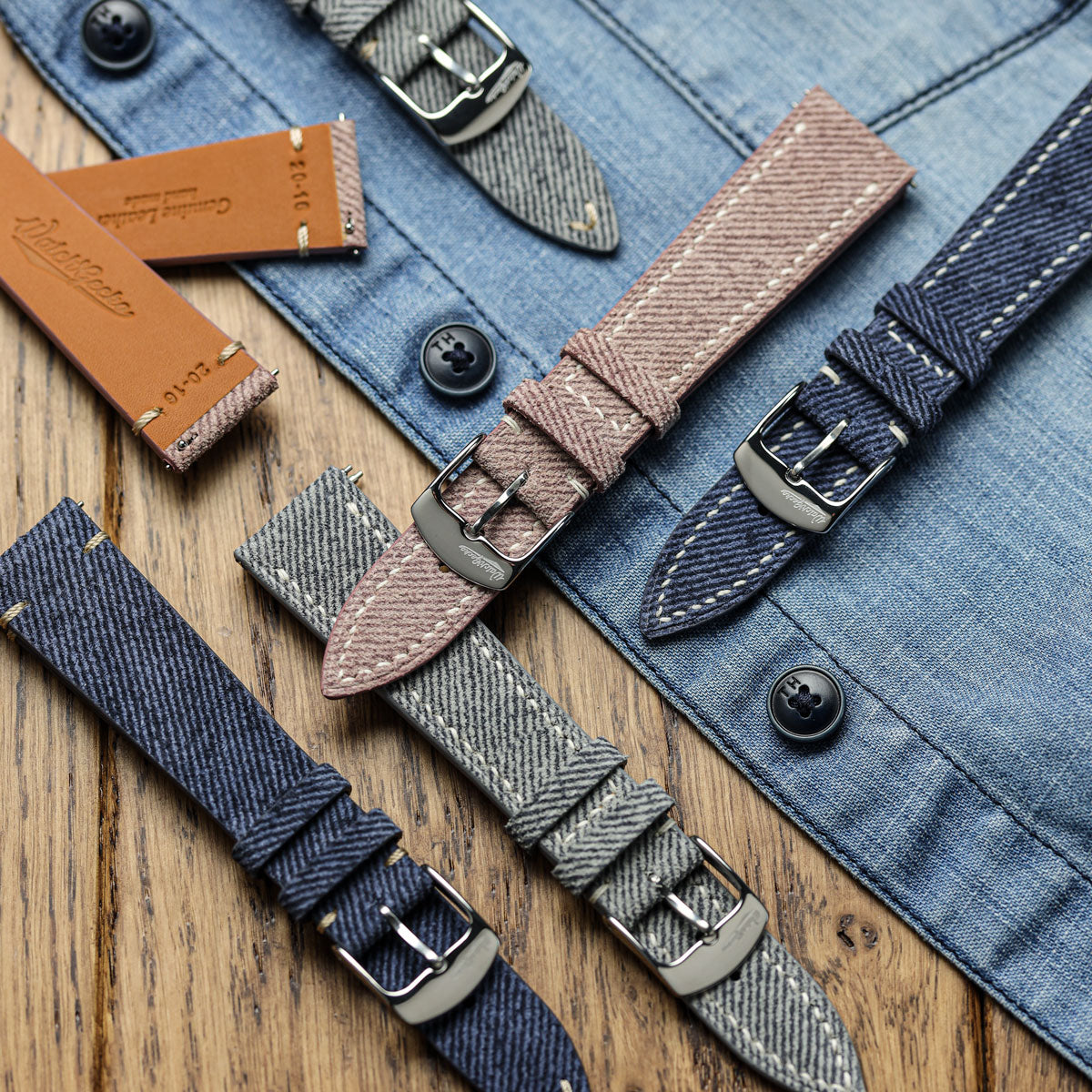 Arbour Hand-Stitched Denim & Genuine Leather Watch Strap – Elegant Grey Design