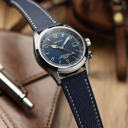 Hanley Textured Epsom Hand-Stitched Leather Watch Strap - Dark Blue