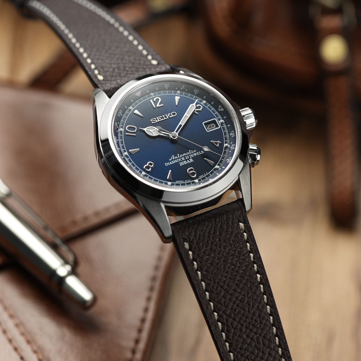 Hanley Textured Epsom Hand-Stitched Leather Watch Strap - Dark Brown