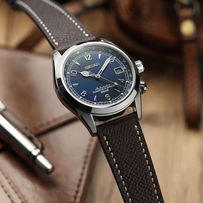 Hanley Textured Epsom Hand-Stitched Leather Watch Strap - Dark Brown