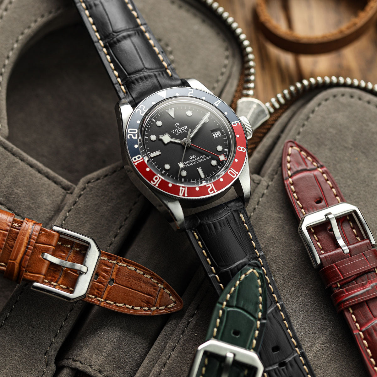 Bracelet pour montre en cuir véritable avec motif alligator Carolina - Noir Intense