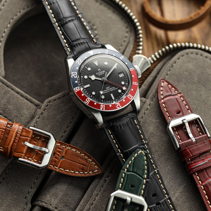 Bracelet pour montre en cuir véritable avec motif alligator Carolina - Noir Intense