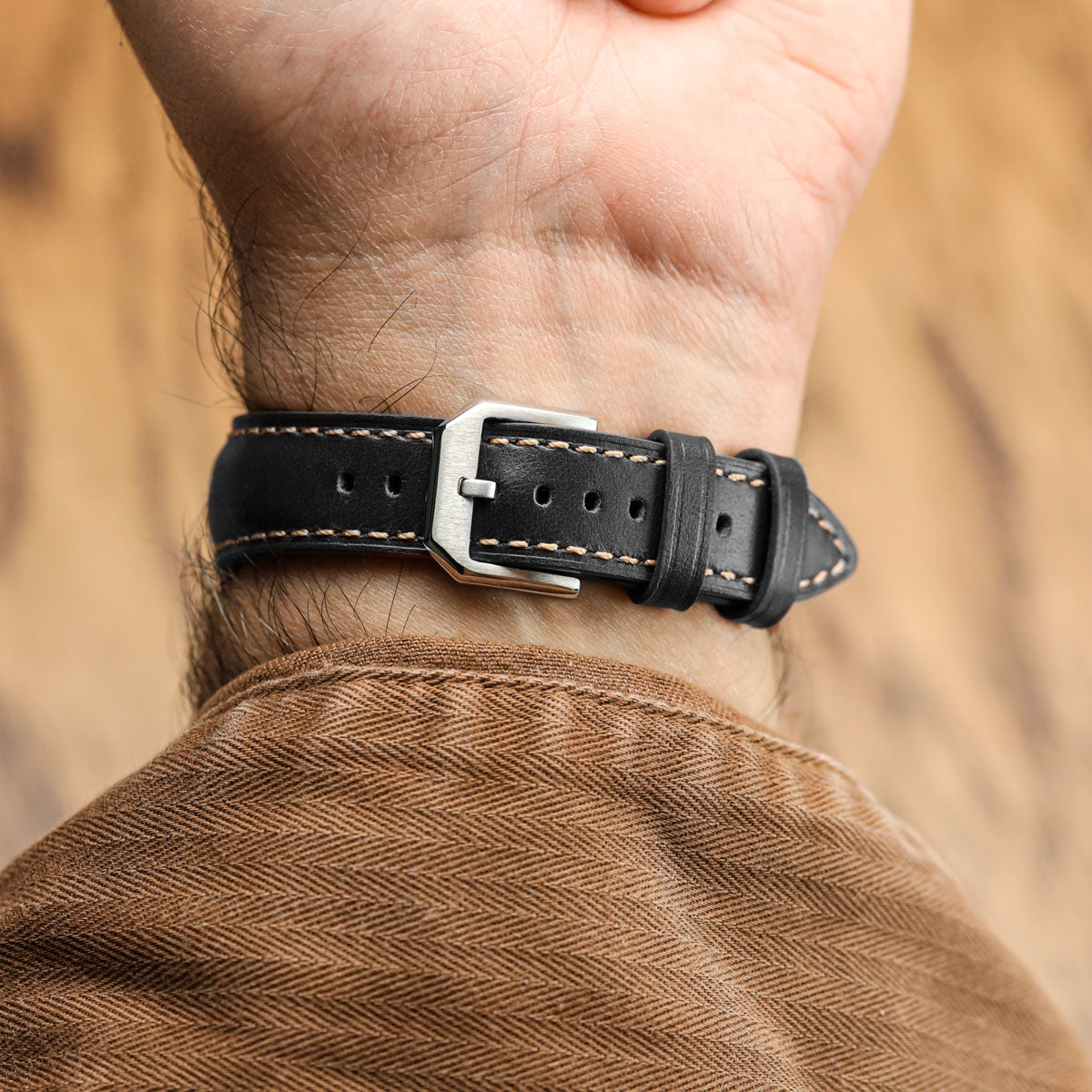 Tenby Elegance: Padded Genuine Leather Watch Strap in Timeless Black