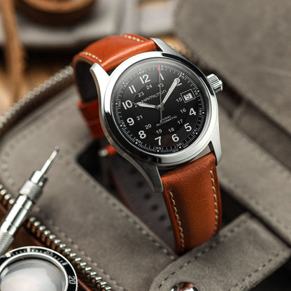 Tenby Elegance: Padded Genuine Leather Watch Strap in Timeless Black