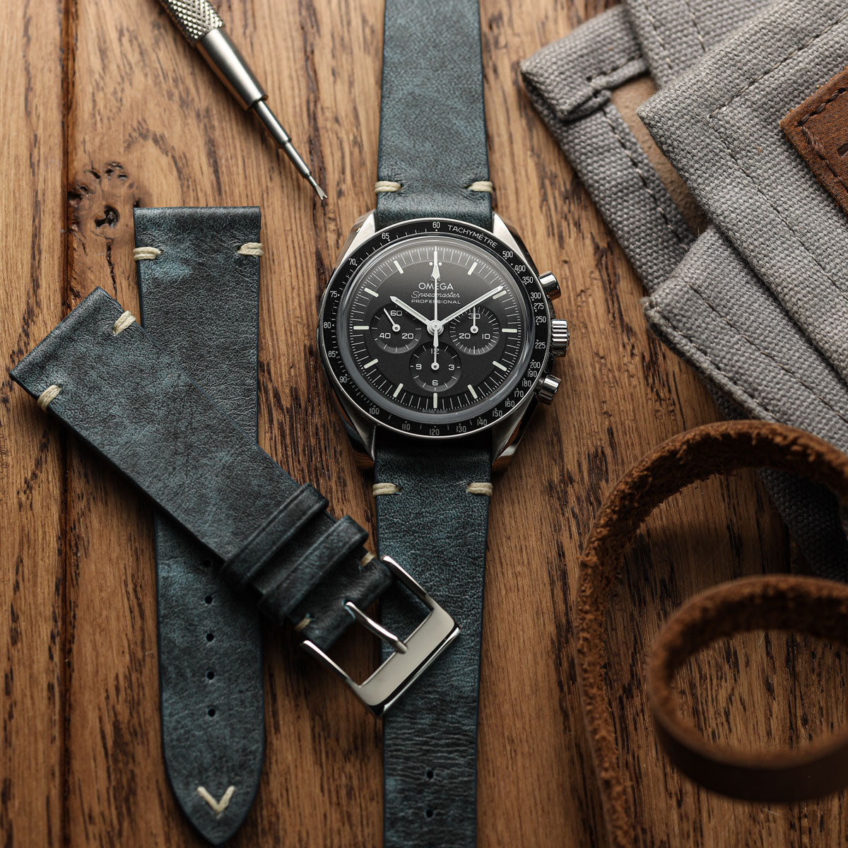 Vintage Stitching Patina Leather Watch Strap - Blue Jeans