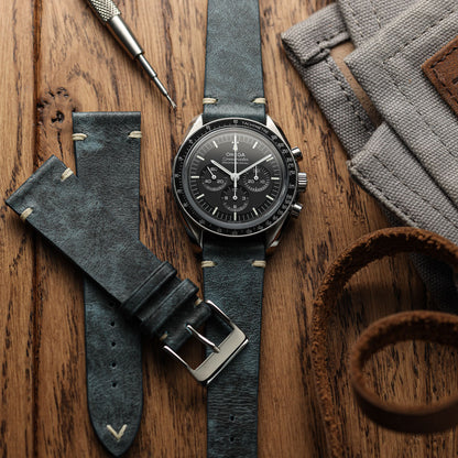 Vintage Stitching Patina Leather Watch Strap - Blue Jeans