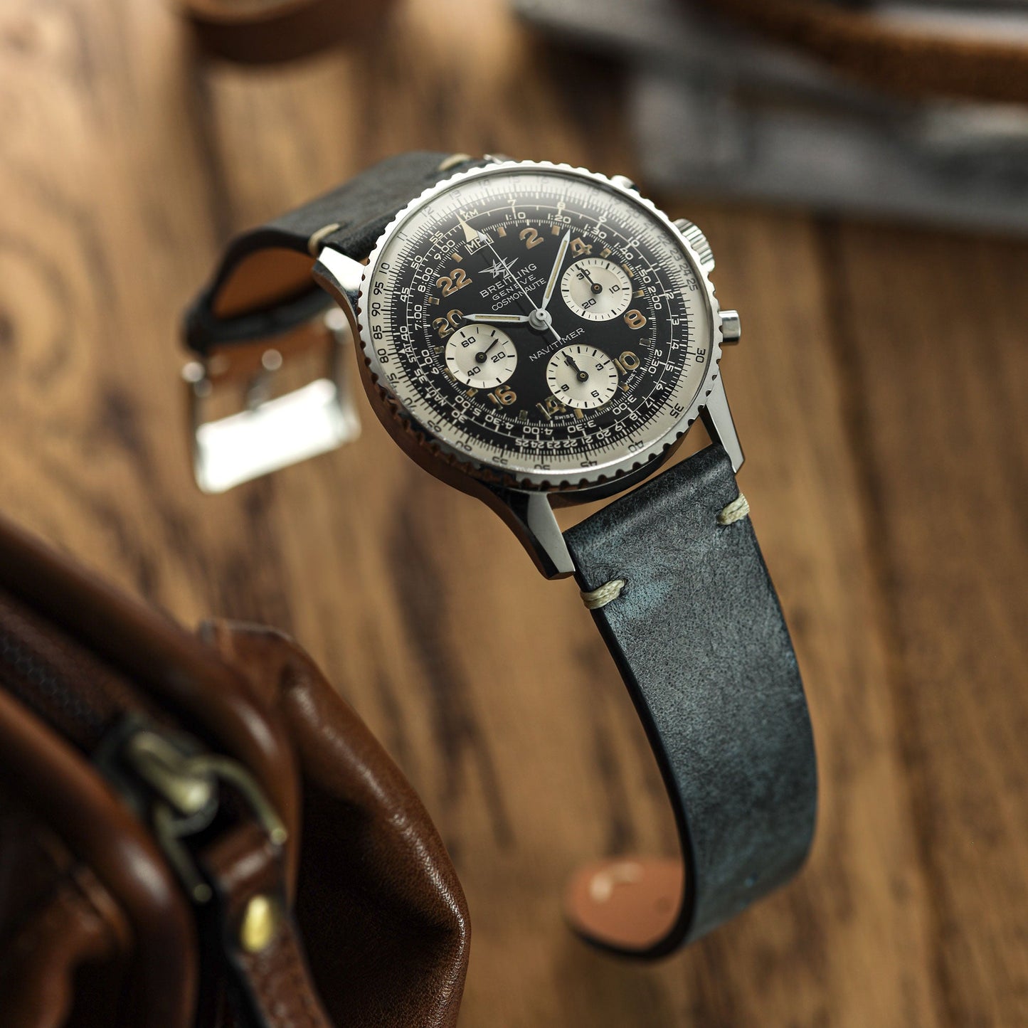 Vintage Stitching Patina Leather Watch Strap - Blue Jeans