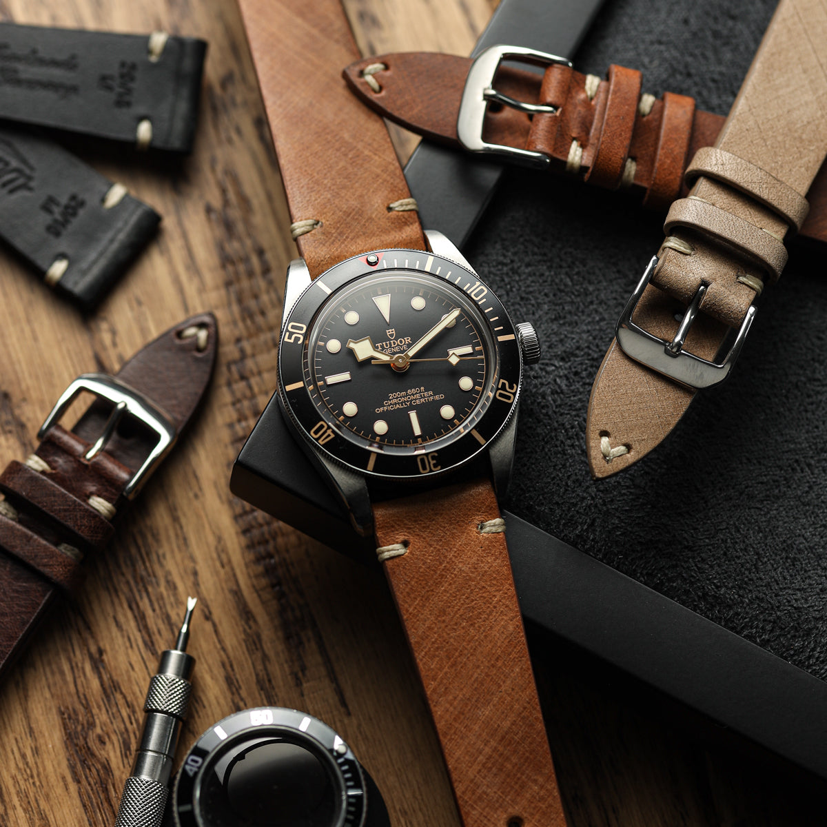 Cortez Vintage Stitching Genuine Leather Watch Strap - Cognac