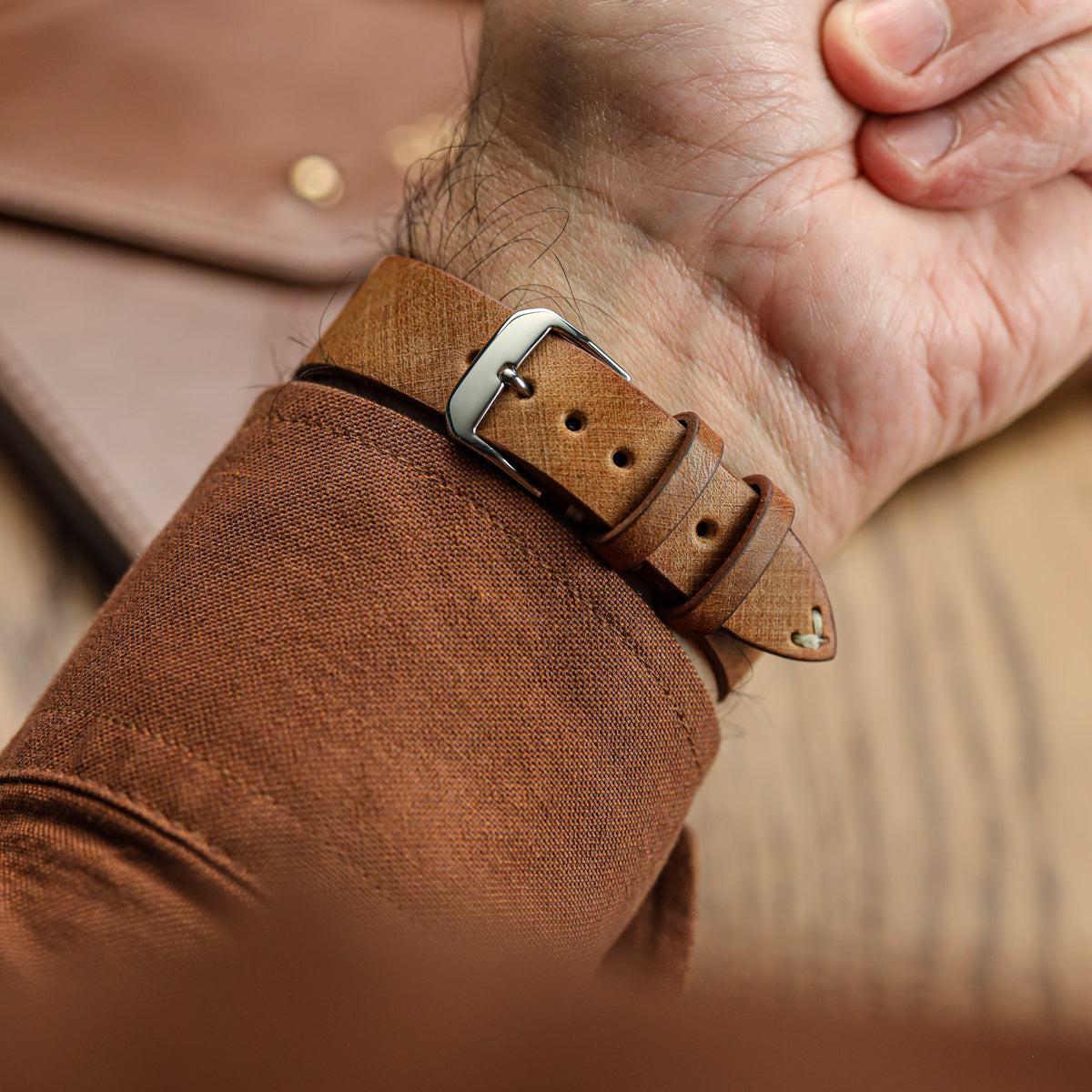 Cortez Vintage Stitching Genuine Leather Watch Strap - Cognac