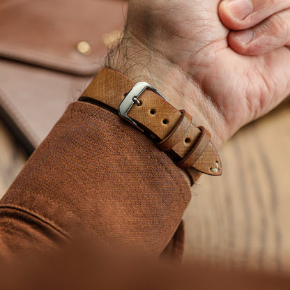 Cortez Vintage Stitching Genuine Leather Watch Strap - Cognac