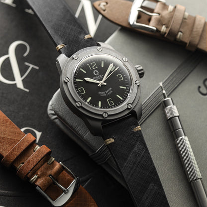 Cortez Vintage Stitching Genuine Leather Watch Strap - Black